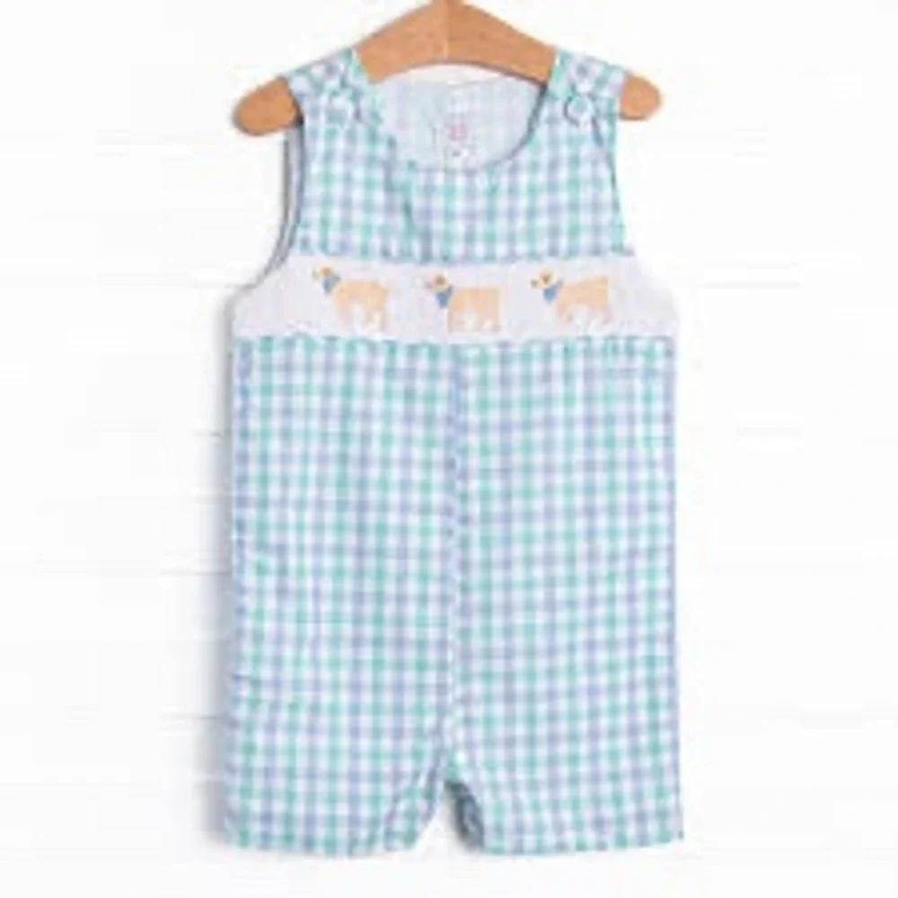 Stitchy Fish Baby Boys Smocked Golden Retriever Dog Gingham Romper Blue Green 6M